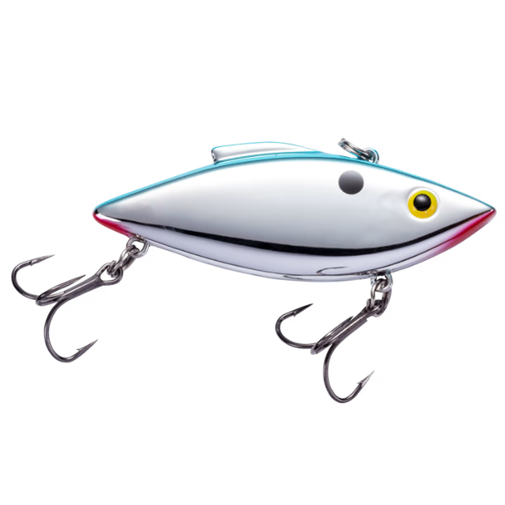 Bill Lewis Rat-L-Trap - Standard fishing lure with a shiny metallic body, blue accents on top, yellow eye detail, and two treble hooks for effective fishing tackle.