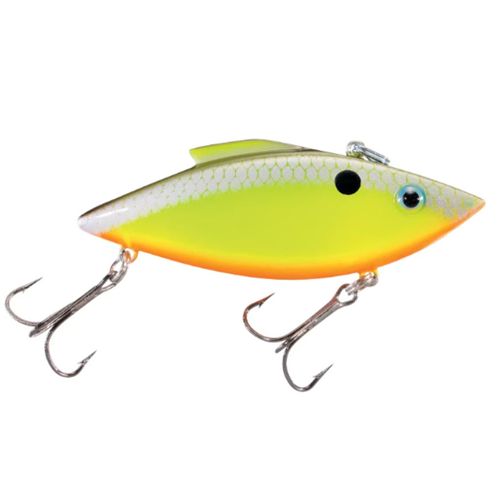 Bill Lewis Rat-L-Trap - Magnum Force fishing lure with bright yellow and silver body, black spot near the head, and two sharp treble hooks for musky fishing tackle.