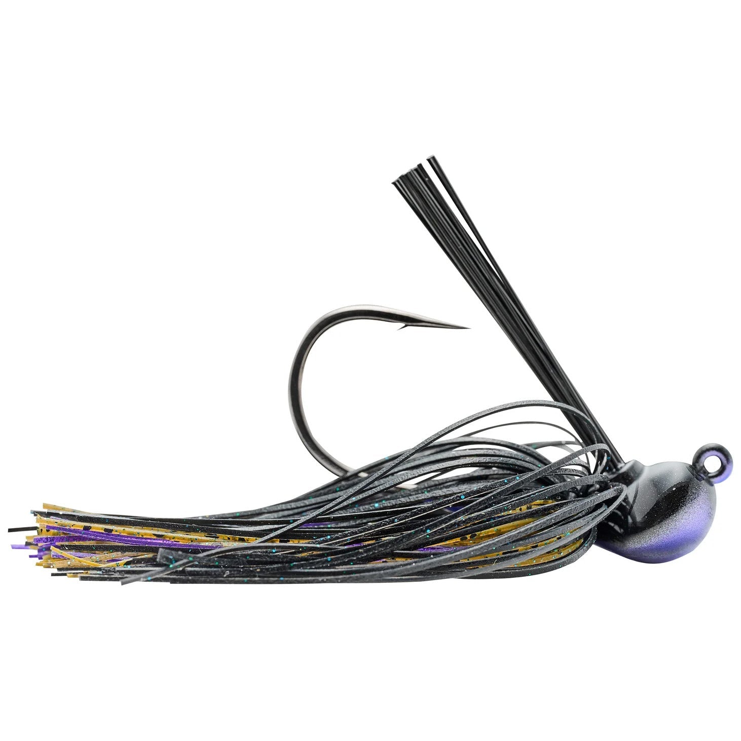 Black and purple fishing lure with a weed guard and skirted design, featuring a single sharp hook, shown as the SPRO CJ Flip Jig used for fishing tackle.
