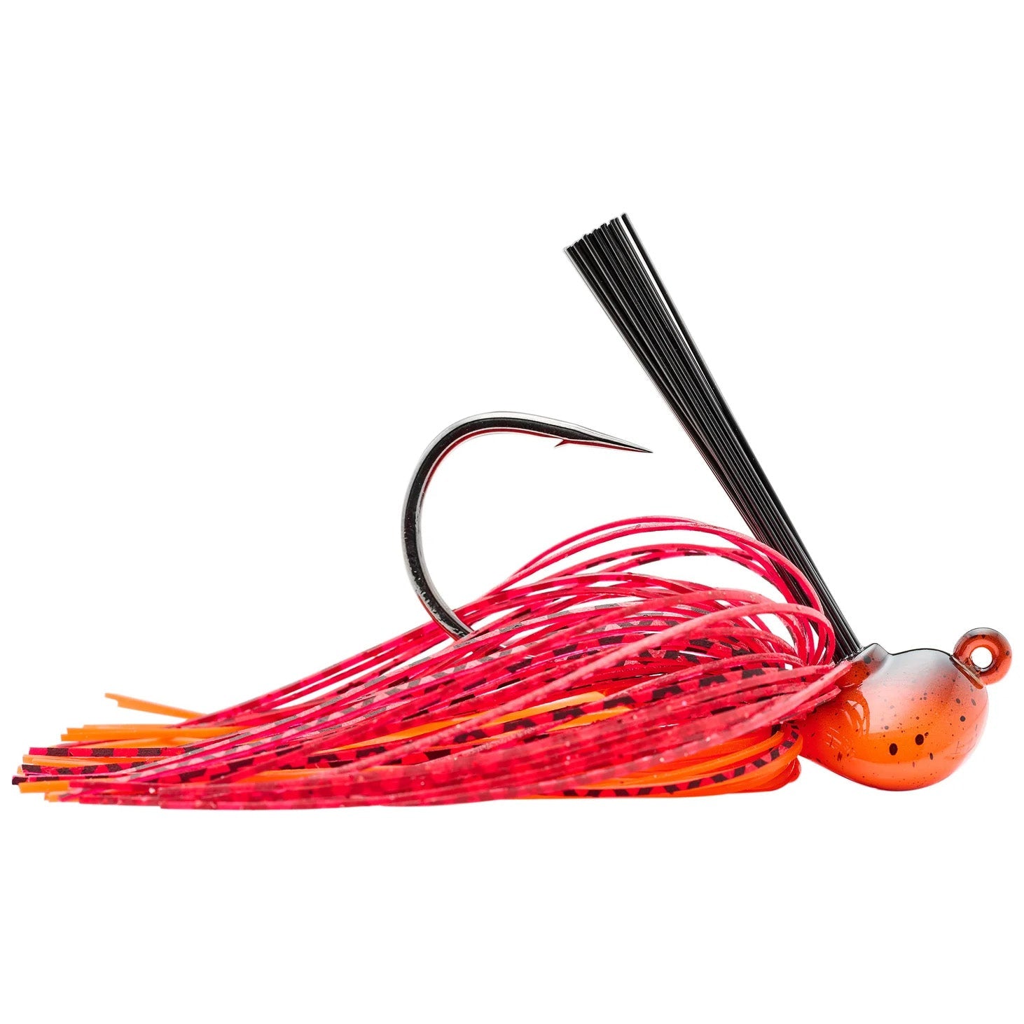 SPRO CJ Flip Jig with a bright red and orange silicone skirt, sharp black hook, and weighted head designed for musky fishing tackle and effective lure action.