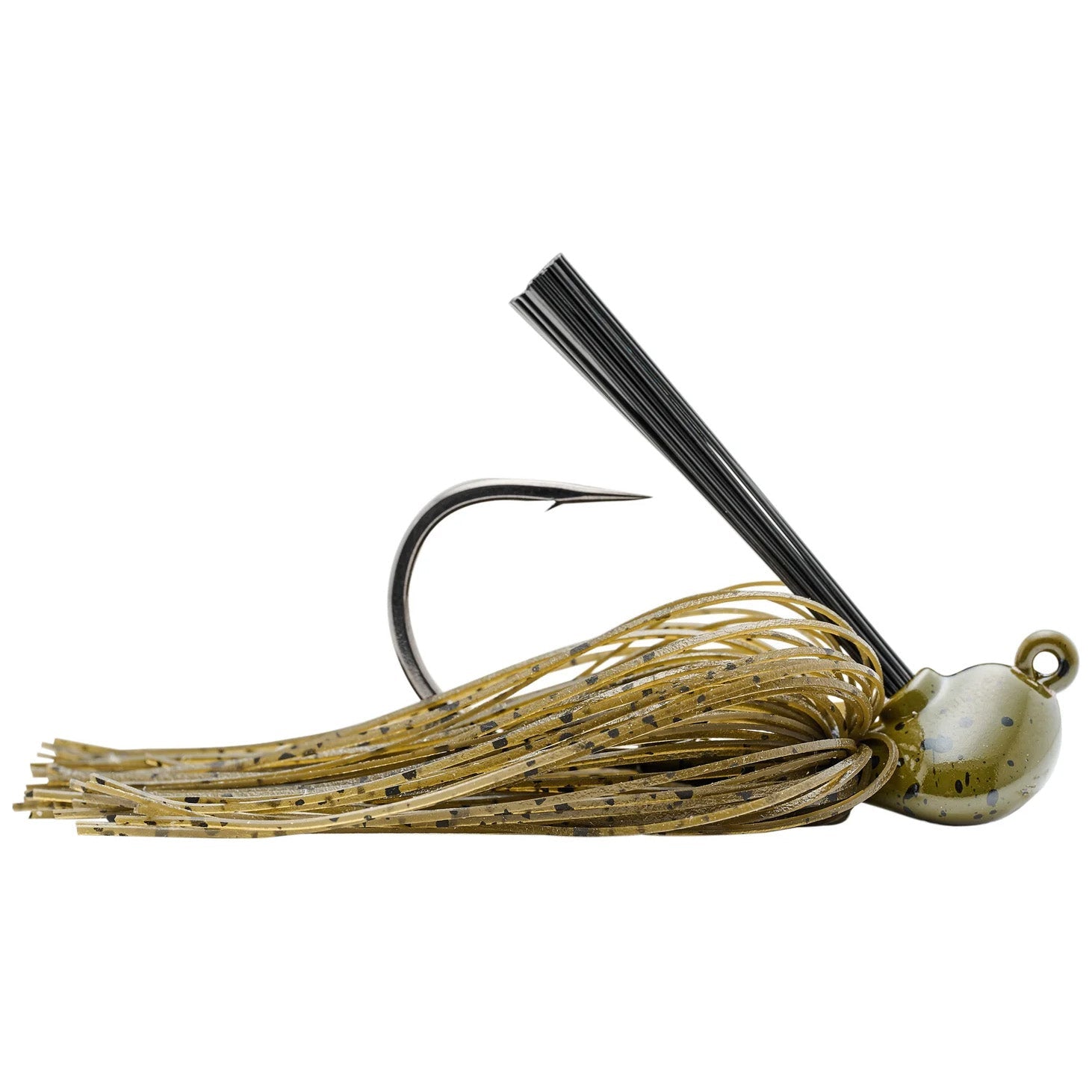 SPRO CJ Flip Jig fishing lure with a weed guard, featuring a sharp hook and a skirt of flexible strands in natural green and black speckled colors designed for musky fishing tackle.