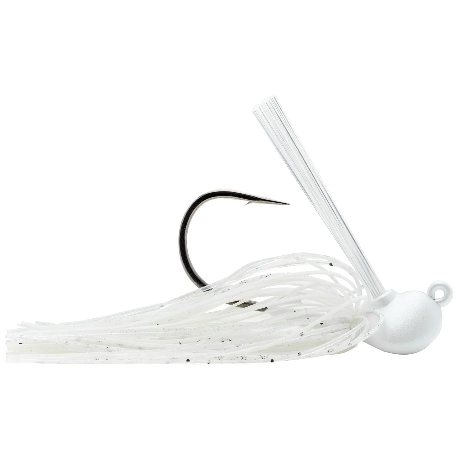 SPRO CJ Flip Jig featuring a white jig head with black speckled silicone skirt, sharp single hook, and a weed guard, designed for fishing tackle enthusiasts.