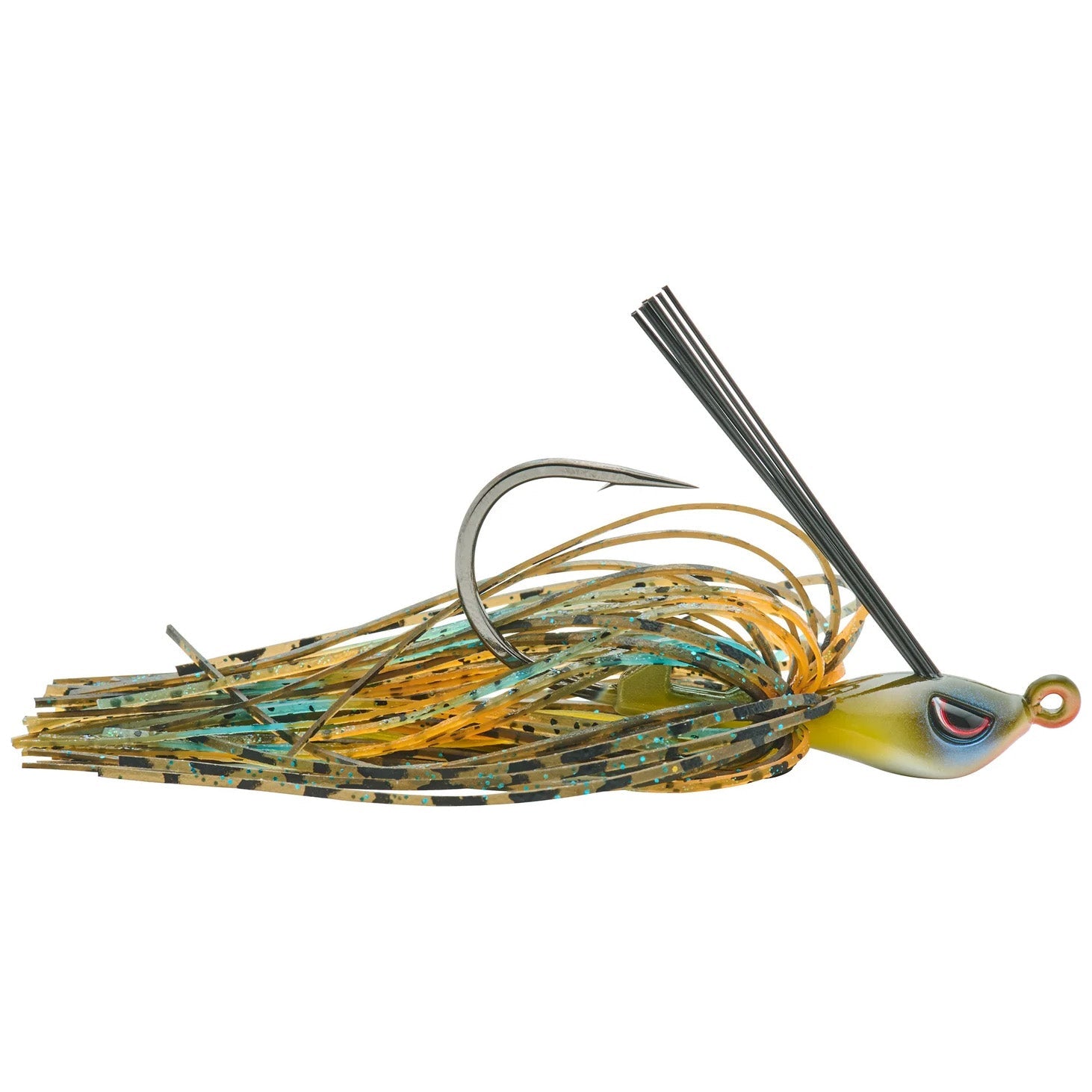 SPRO CJ Swim Jig fishing lure with a detailed bluegill pattern, featuring a sharp hook, weed guard, and multi-colored skirt for effective fishing tackle use.