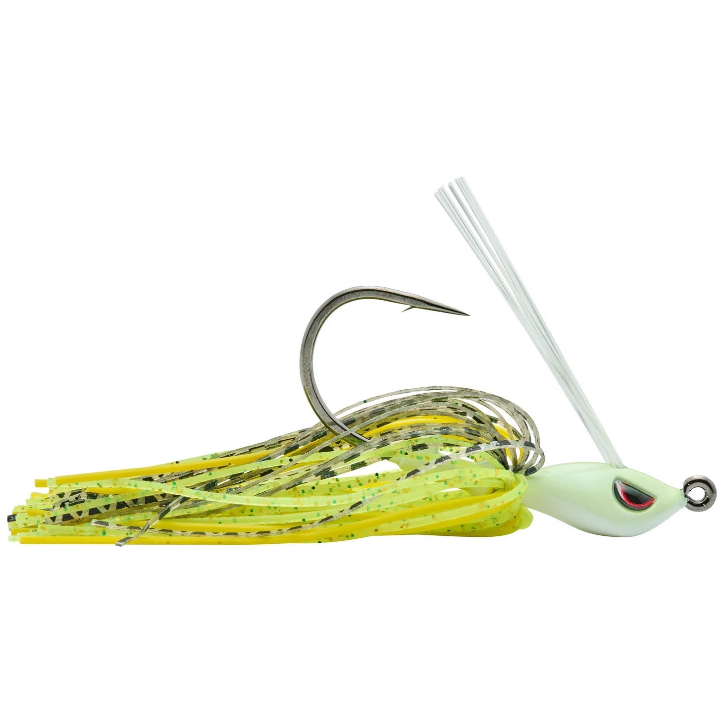 SPRO CJ Swim Jig fishing lure with a chartreuse and yellow skirt, sharp single hook, white head with red and black eye, and weed guard for freshwater fishing tackle.