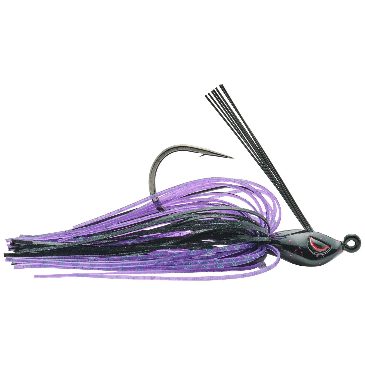 SPRO CJ Swim Jig featuring a sharp fishing hook with purple and black skirted strands, designed for effective fishing lure performance.