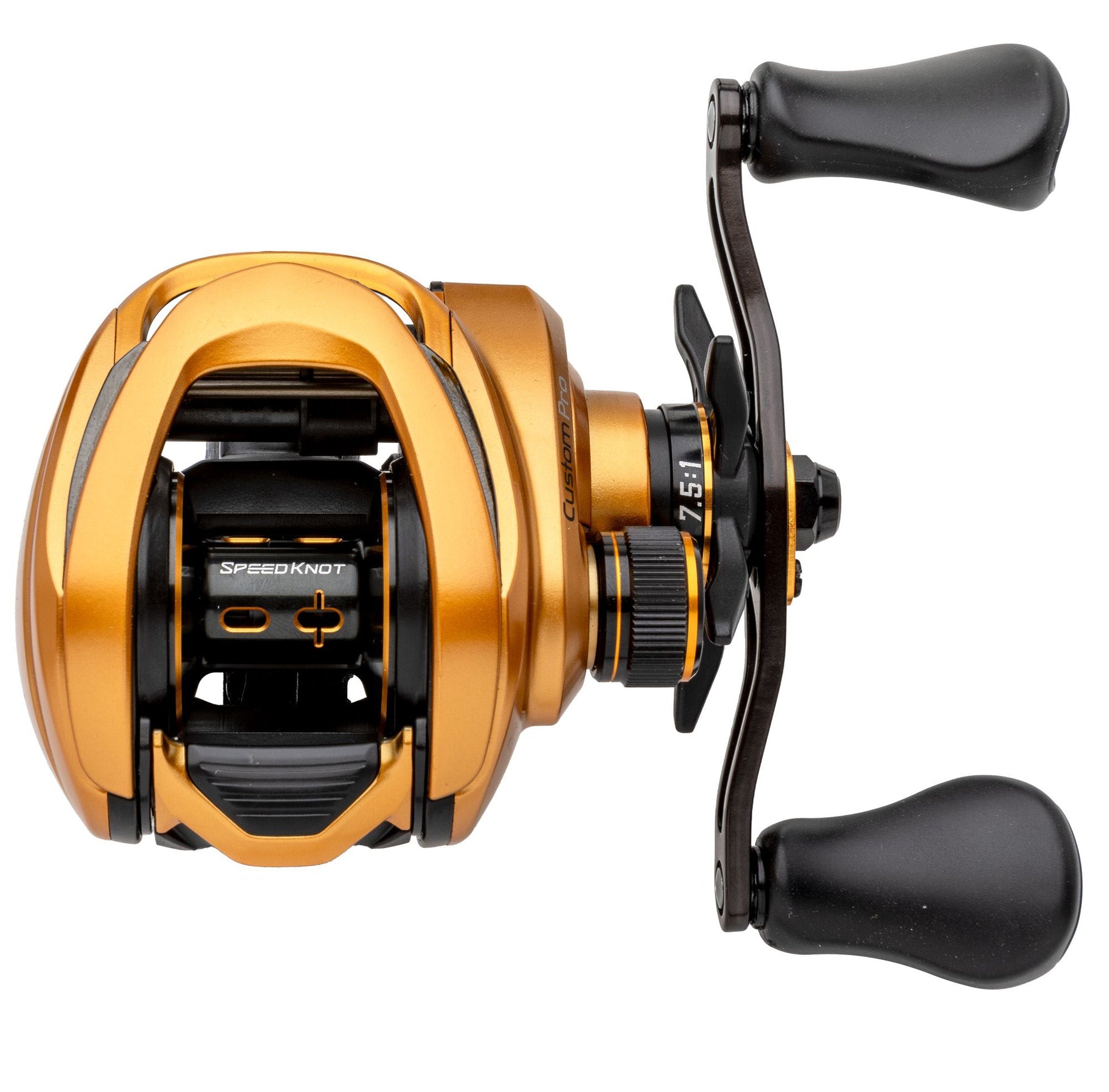 Lew's Custom Pro Casting Reel in metallic gold finish with ergonomic black dual handles, featuring a compact design and SpeedKnott spool system for smooth fishing performance.