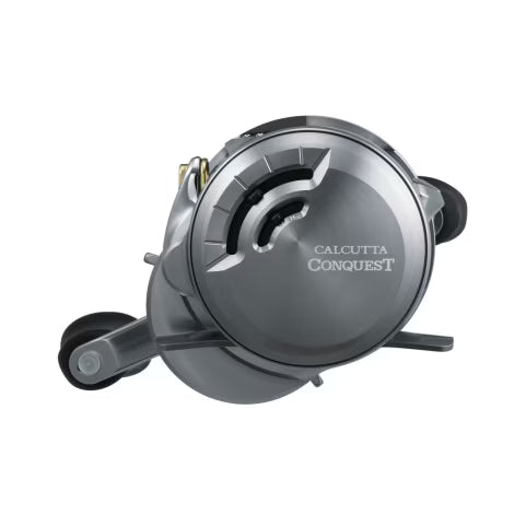 Shimano Calcutta Conquest DC 200 fishing reel in metallic gray with ergonomic handle and precision drag system, designed for advanced fishing tackle and marine use.
