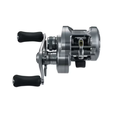 Shimano Calcutta Conquest DC 200 fishing reel in metallic silver finish with dual ergonomic black handles, designed for smooth casting in fishing tackle use.