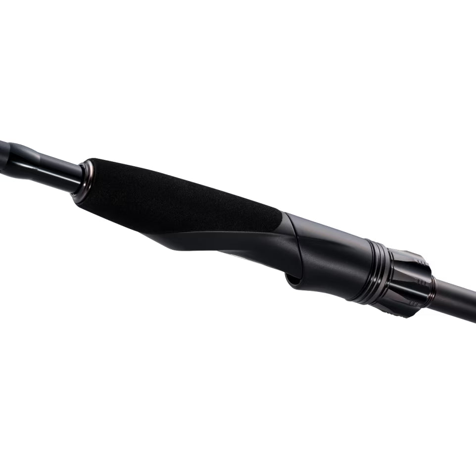 Close-up view of the comfortable black foam handle and reel seat assembly on a Shimano Zodias B - Spinning fishing rod designed for precision and durability in fishing tackle.