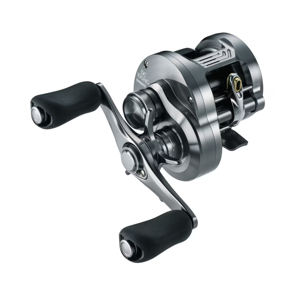 Shimano Calcutta Conquest DC 200 baitcasting reel with sleek, metallic body and ergonomic black handles designed for smooth fishing tackle performance.