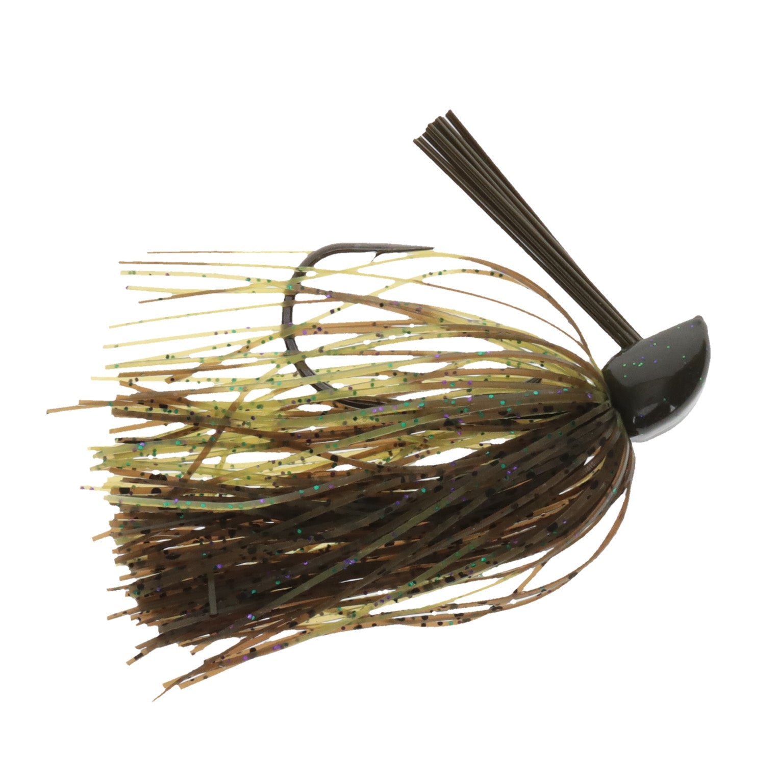 Strike King Compact Tungsten Casting Jig featuring a compact tungsten head with olive and brown skirt strands, designed for effective fishing tackle use in freshwater environments.