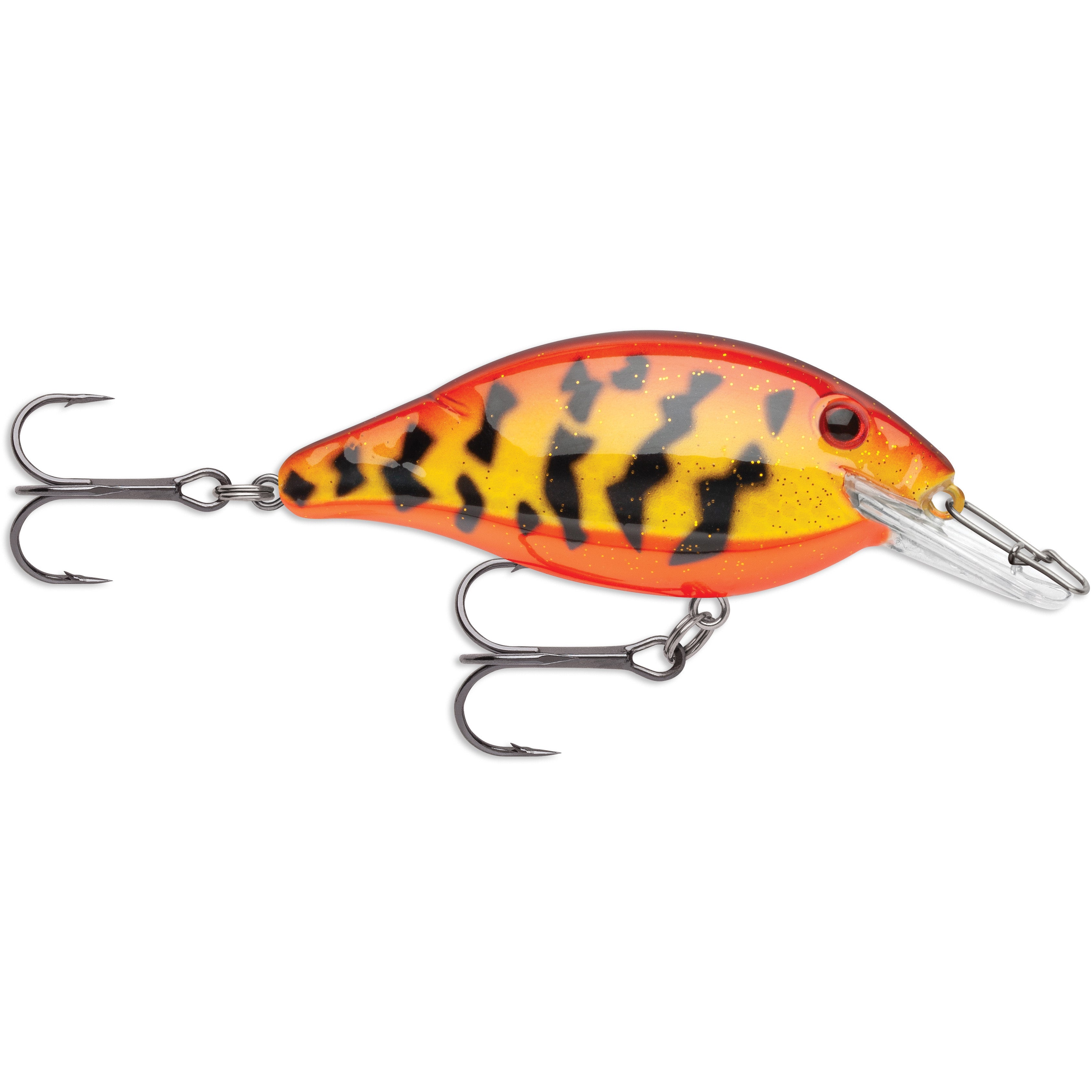 Storm Speed Trap Crankbait fishing lure with vibrant orange and yellow body, black tiger stripes, clear diving lip, and two sharp treble hooks for effective fishing tackle use.