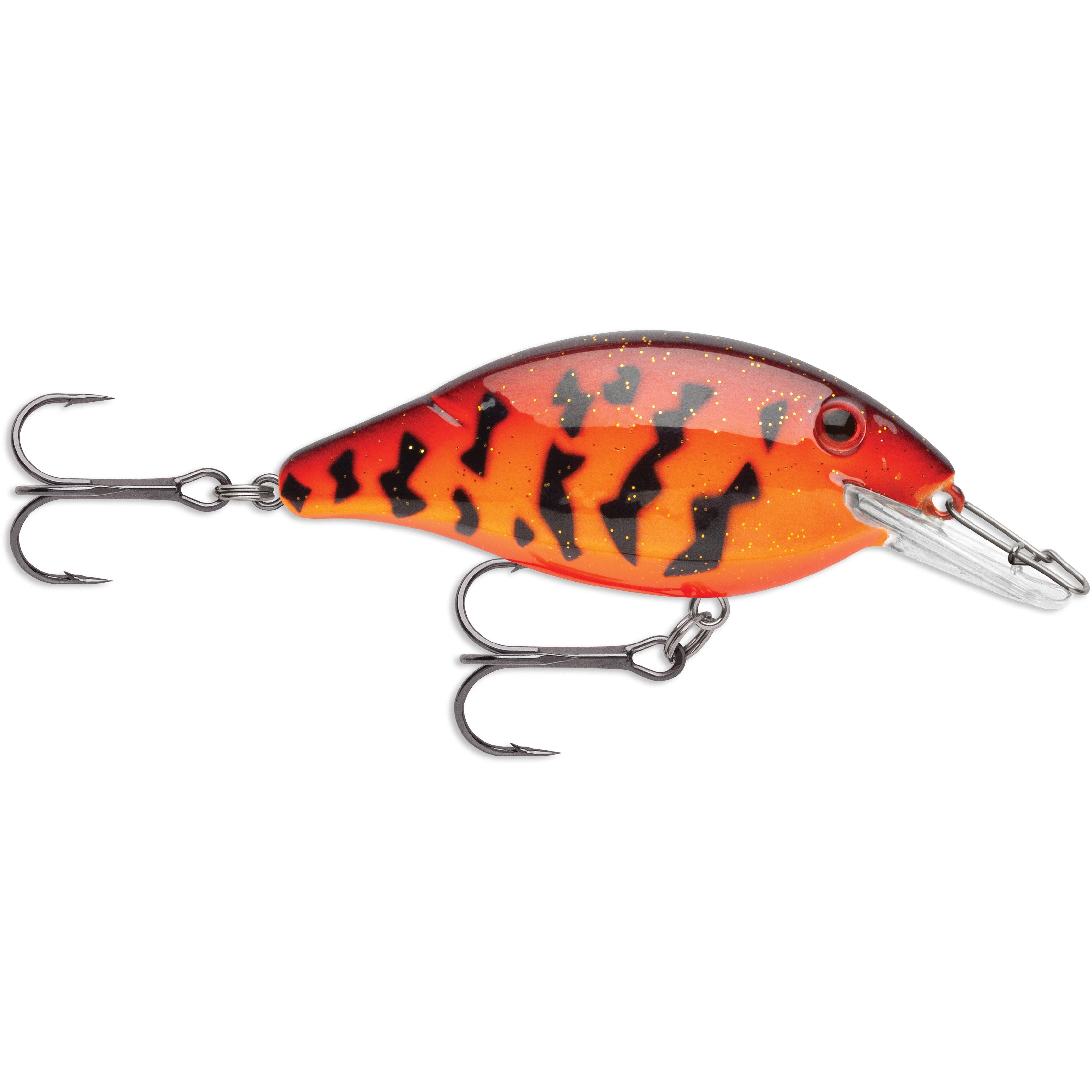 Storm Speed Trap Crankbait fishing lure in vibrant orange and red with black markings, featuring two sharp treble hooks and a clear diving lip for freshwater fishing.