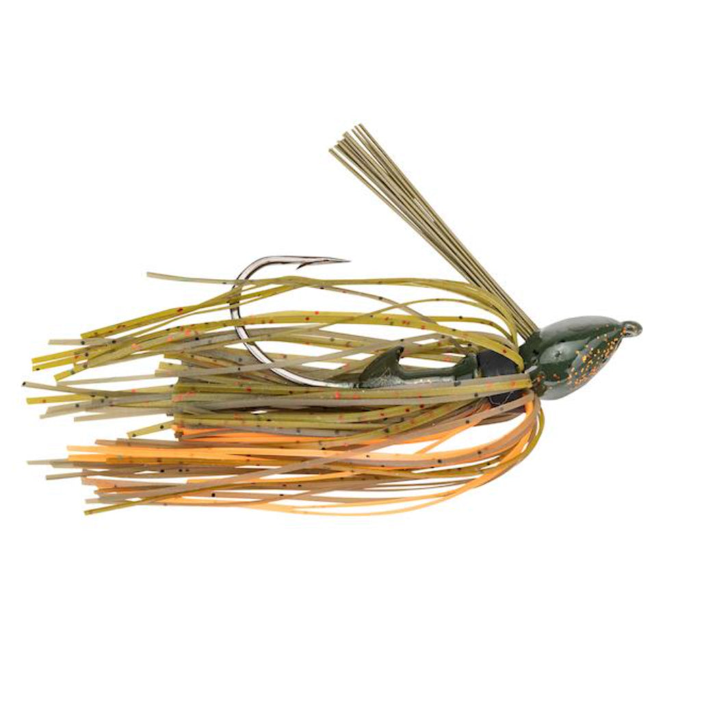Strike King Denny Brauer Baby Structure Jig fishing lure with multi-colored soft plastic skirt in green, yellow, and orange hues, designed for freshwater fishing tackle.