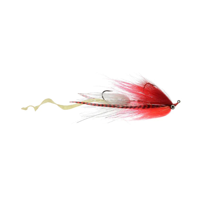 Satkowski's Devil's Tail #3/0 fishing lure featuring vibrant red and black feathers with a curled cream-colored tail, designed for musky and fly fishing tackle.