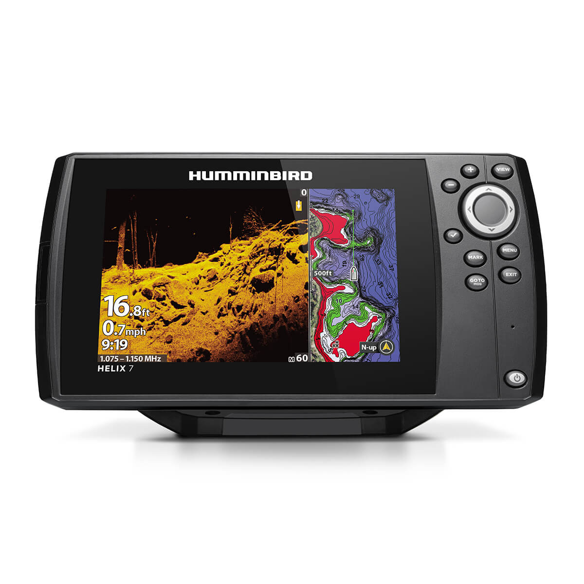 Humminbird Helix 7 CHIRP GPS G4 - MEGA Imaging fish finder and marine electronics device showing detailed underwater sonar and GPS mapping, with buttons and navigation controls.