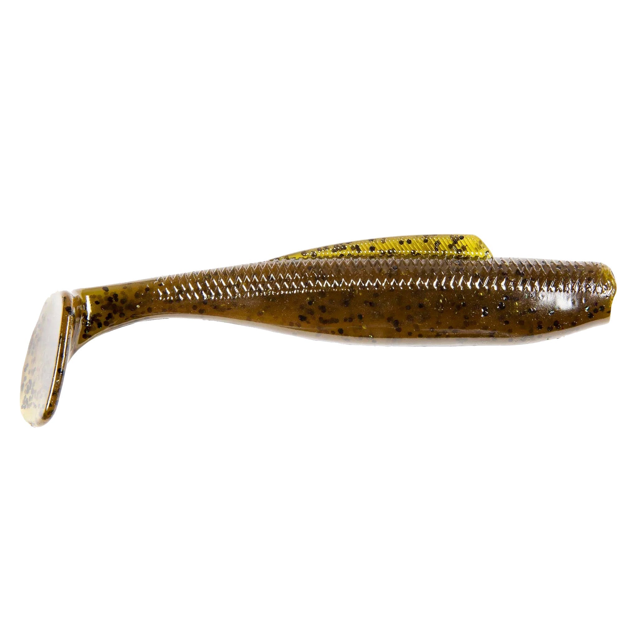 Z-Man DieZel MinnowZ soft plastic fishing lure in green and brown with black speckles, designed for lifelike movement in fishing tackle.
