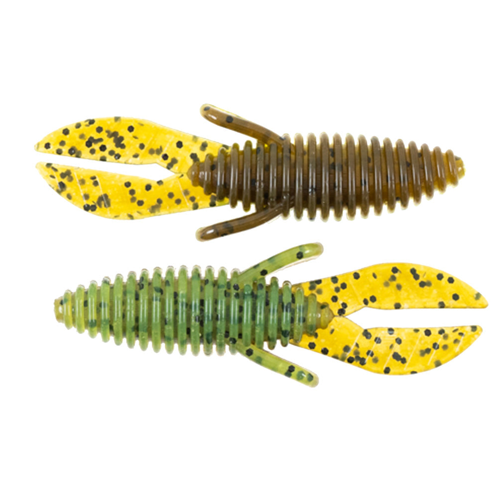 Two soft plastic fishing lures designed to resemble crawfish, featuring segmented ribbed bodies and claw-like appendages, in green and yellow colors with black speckles, named Missile Baits Micro D Bomb.