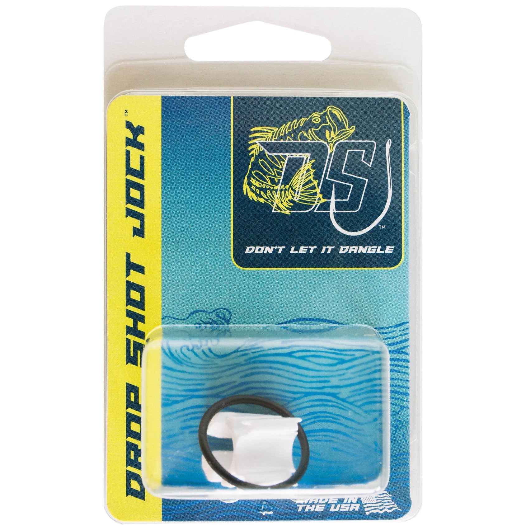 Packaging for Drop Shot Jock Weight Keepers showing black rubber rings designed to secure fishing tackle, displayed on blue and yellow branded backing card with fish logo and tagline "Don't Let It Dangle