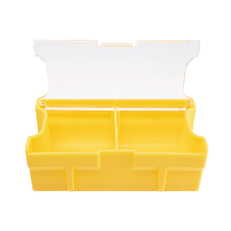 Plano EDGE Hook Retainer in yellow with a transparent hinged lid, featuring two compartments for secure storage of fishing tackle accessories.