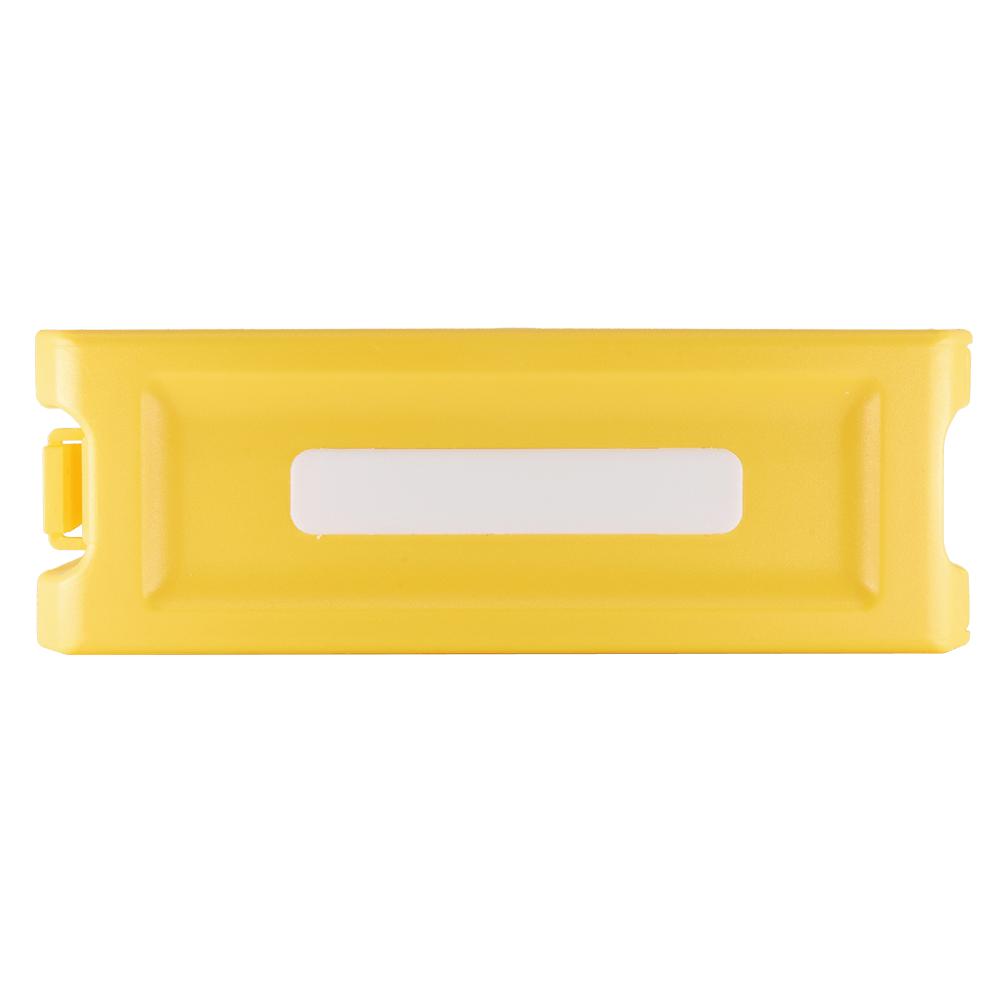 Yellow plastic Plano EDGE Hook Retainer designed to secure fishing hooks inside tackle boxes, featuring a white label area on the front.