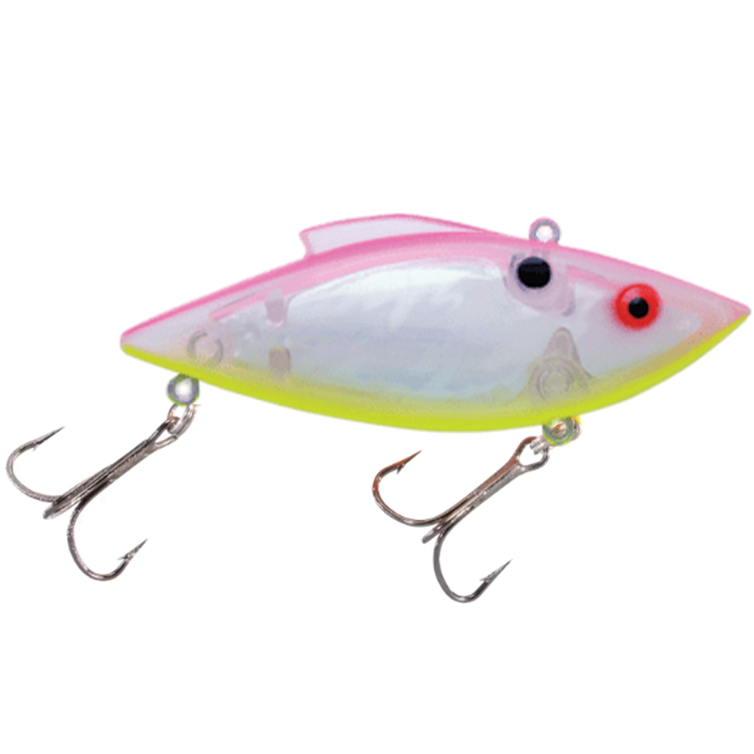 Bill Lewis Rat-L-Trap - Magnum Force fishing lure in pink, white, and yellow with two sharp treble hooks designed for effective fishing tackle use.