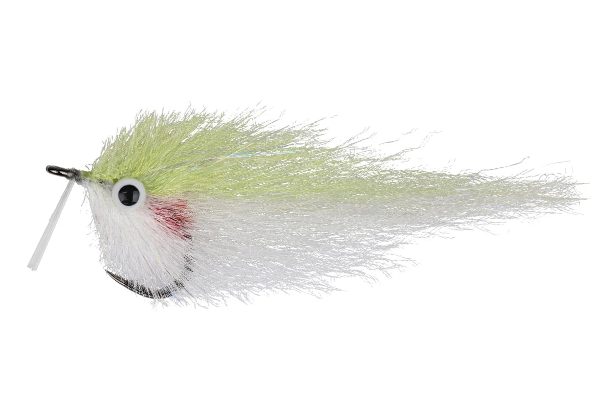 EP Flies Pilchard 2/0 fishing lure featuring a lifelike design with white and light green fibers, a realistic black and white eye, and red accent for attracting musky and other fish.