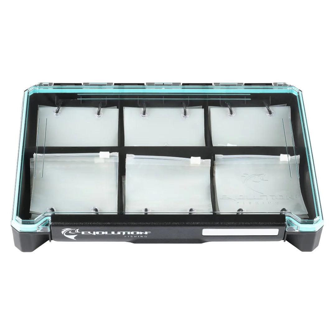 Evolution Outdoor BallistiX Blade Runner Tackle Tray featuring a clear lid and six compartments with removable dividers for organizing fishing tackle and lures efficiently.