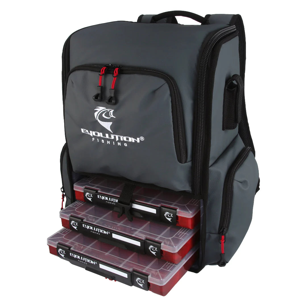 Dark gray Evolution Largemouth 3.0 Tackle Backpack with multiple zippered compartments and three transparent fishing tackle boxes attached at the front for organized fishing gear storage.