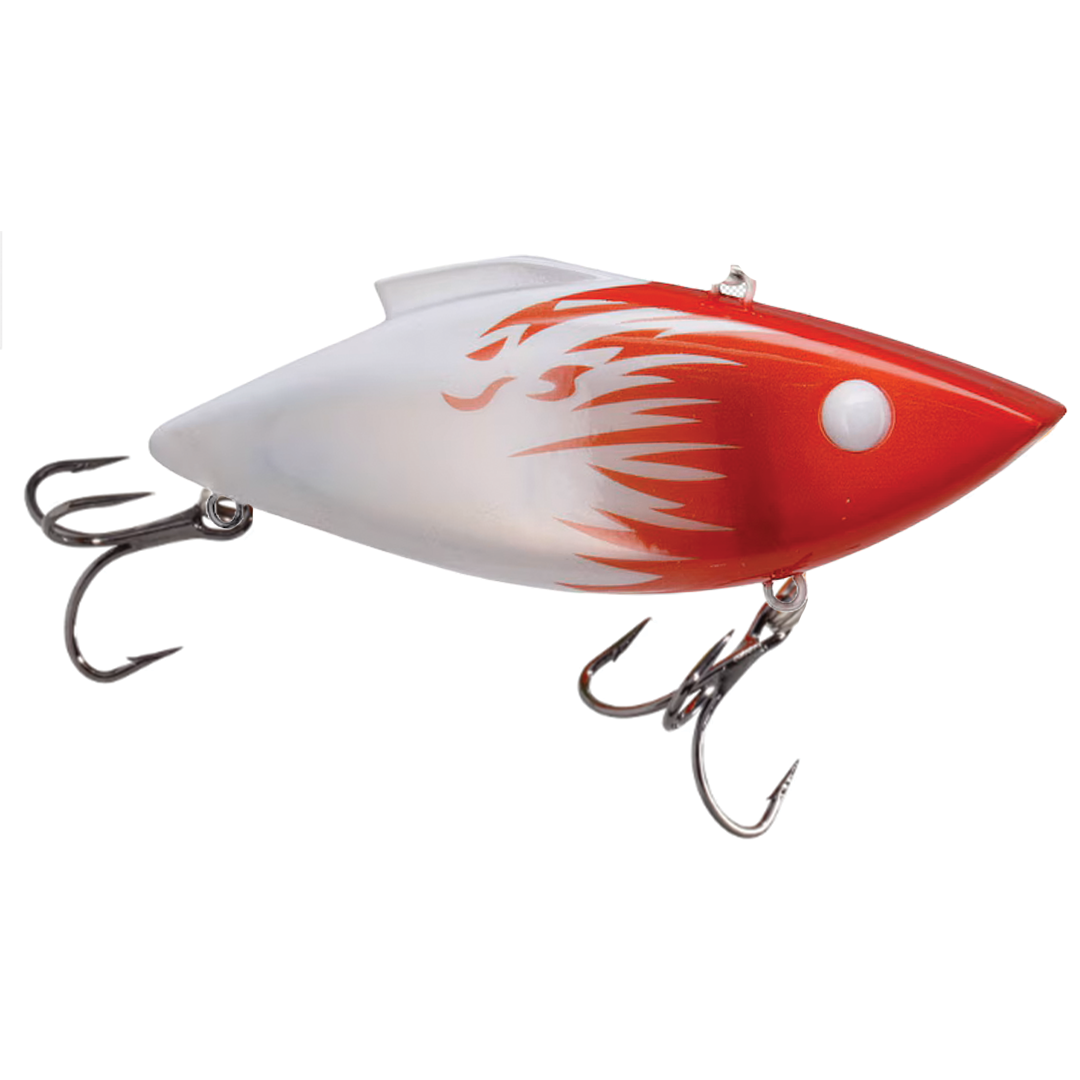 Bill Lewis Rat-L-Trap - Super Trap fishing lure with a red and white fish-shaped body featuring detailed markings and two treble hooks designed for effective fishing tackle use.