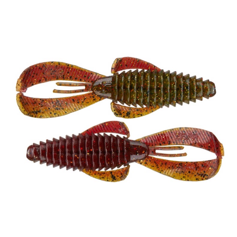 Two soft plastic fishing lures in green and reddish brown shades designed to imitate crawfish, identified as Strike King Rage Bug, used for fishing tackle.