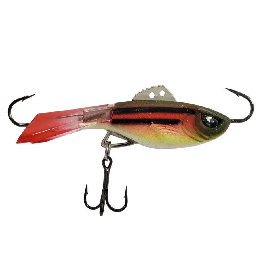 Acme Hyper Rattle fishing lure with red tail fin realistic fish coloring side hooks and treble hook for musky fishing tackle