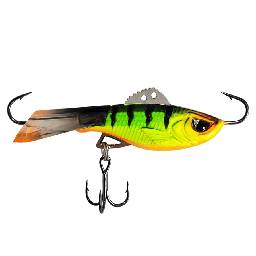 Acme Hyper Rattle fishing lure with bright green and yellow perch pattern two treble hooks and a reflective body for musky fishing tackle