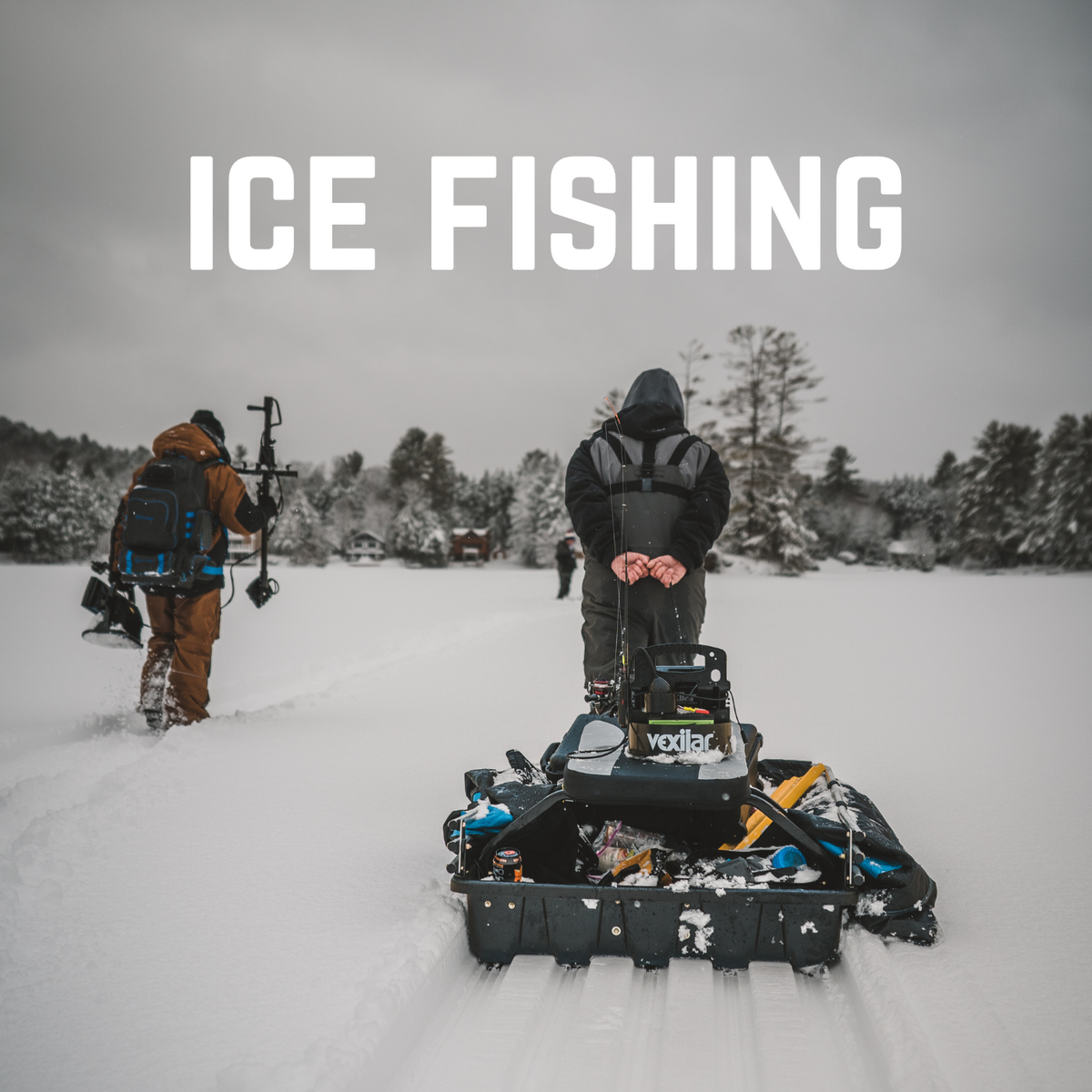 2 men walking away on snow covered lake pulling ince fishing sleds and gear. Title is ice fishing.