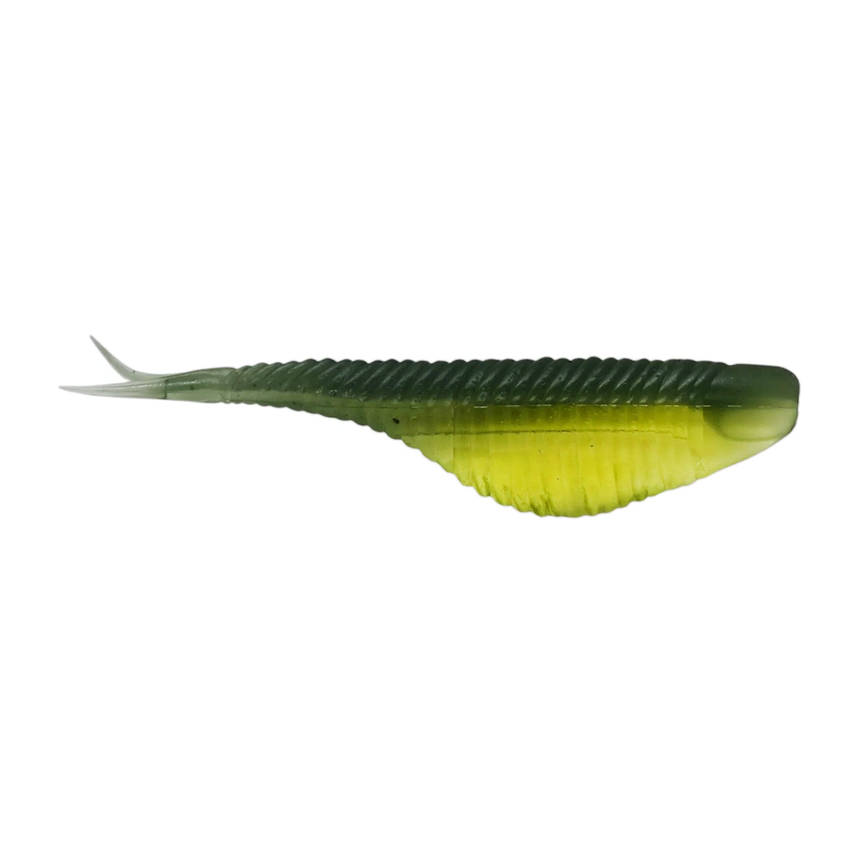 Damiki Fat Armor Shad soft plastic fishing lure with a ribbed, segmented body in green and yellow, designed to mimic a small baitfish for effective fishing tackle use.