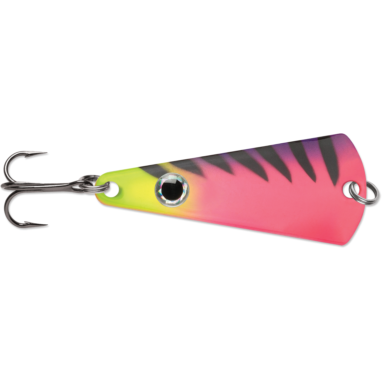 VMC Tingler Spoon fishing lure with a bright yellow and pink body, black tiger stripe pattern, holographic eye detail, and a sharp treble hook for attracting musky.