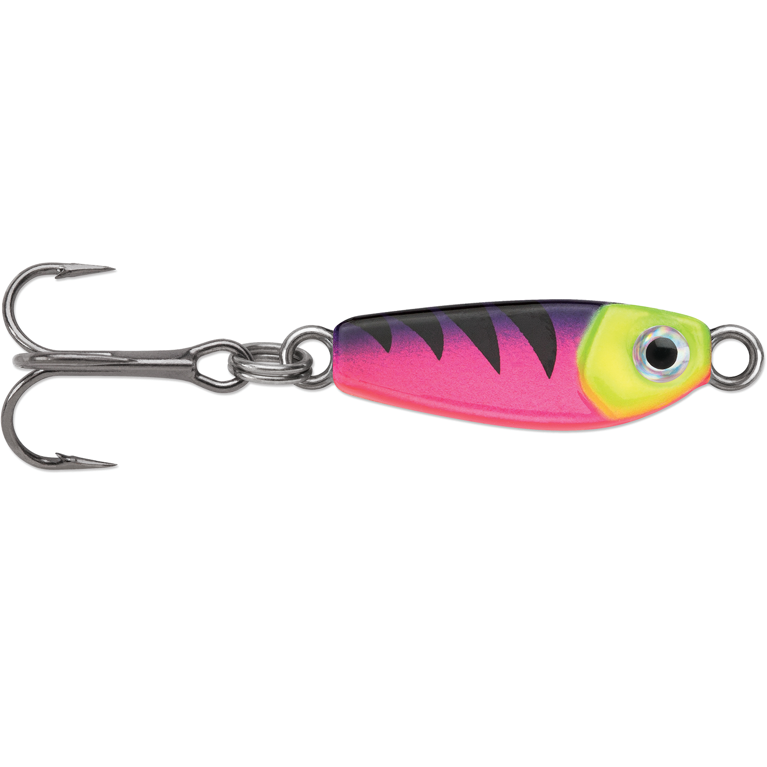 VMC Bull Spoon fishing lure with vibrant pink, black, and yellow body featuring a detailed eye and sharp treble hook, designed for effective fishing tackle use.