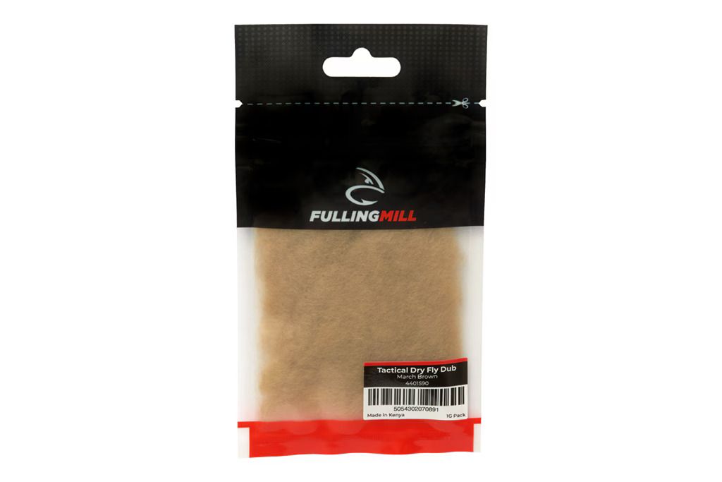 FullingMill Tactical Dry Fly Dub fishing tackle material in tan color packaged in a clear plastic bag with a black and red header labeled FullingMill.
