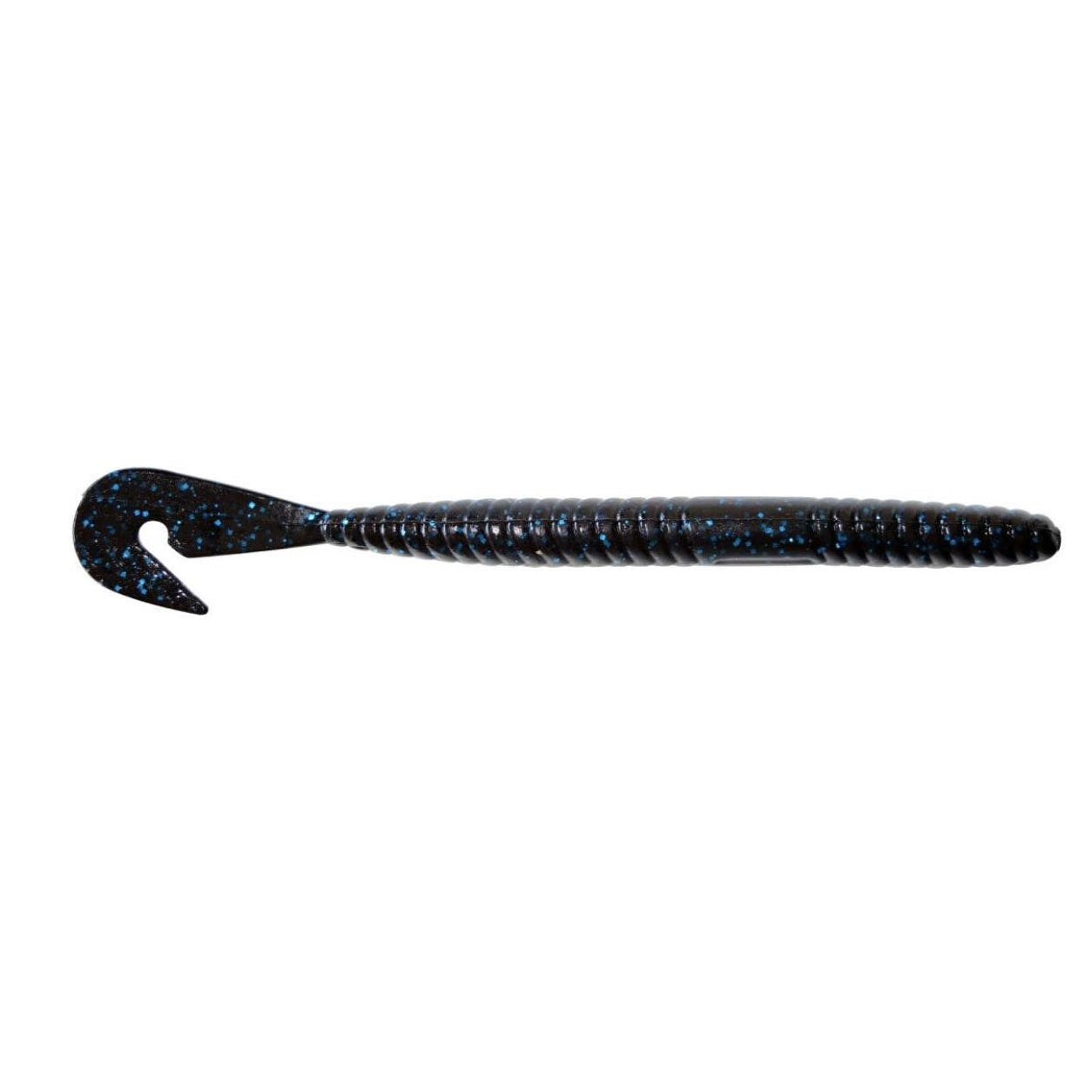Gambler Lures Burner Worm fishing lure in black with blue glitter, soft flexible body with ridged texture and paddle tail for lifelike movement in water.