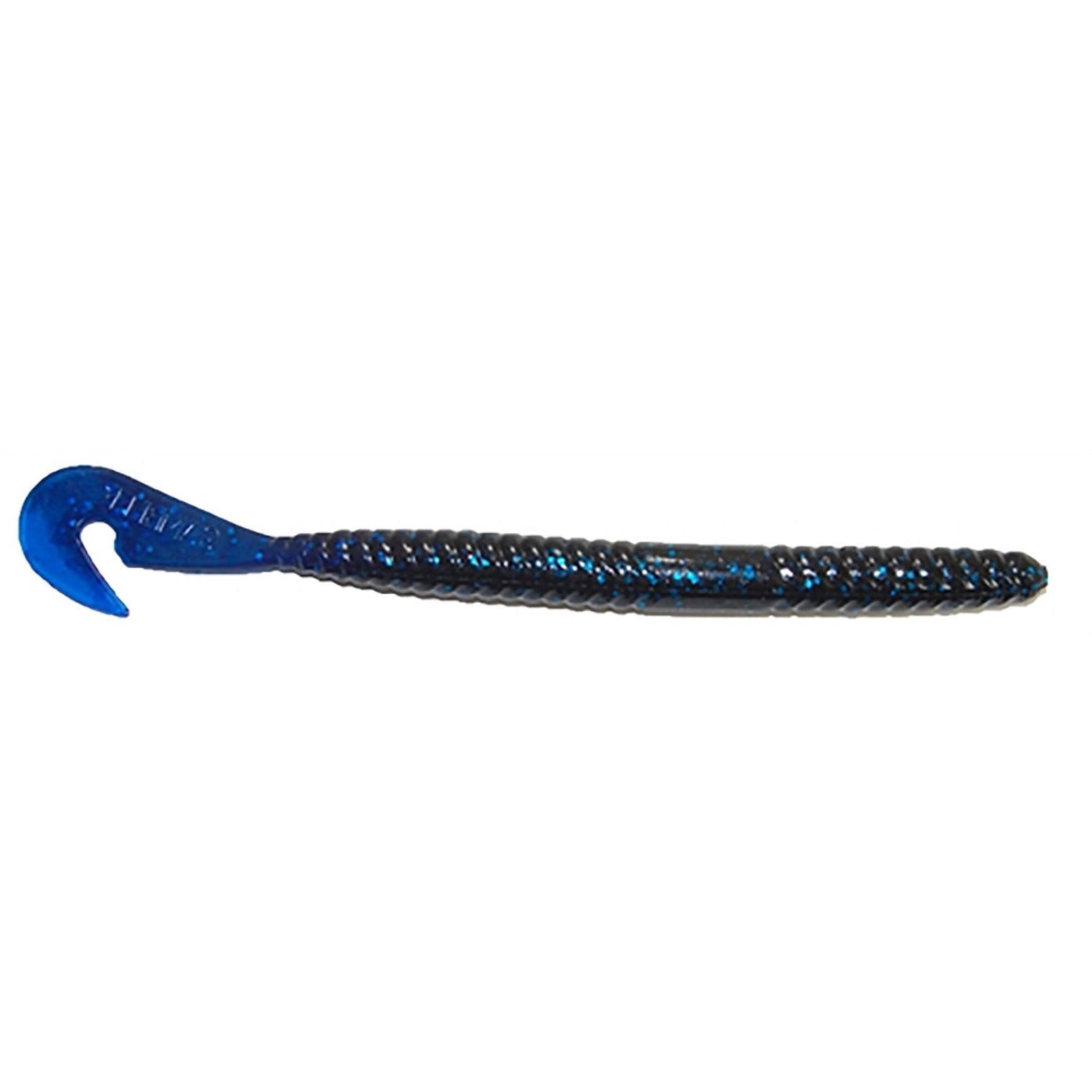 Gambler Lures Burner Worm soft fishing lure in black and blue with glitter accents and a curled tail, designed for effective freshwater fishing tackle.