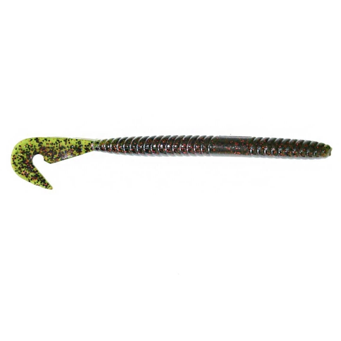 Gambler Lures Burner Worm soft bait in a dark brown and green watermelon color with red flecks, featuring a ribbed body and a curved paddle tail designed for fishing tackle.