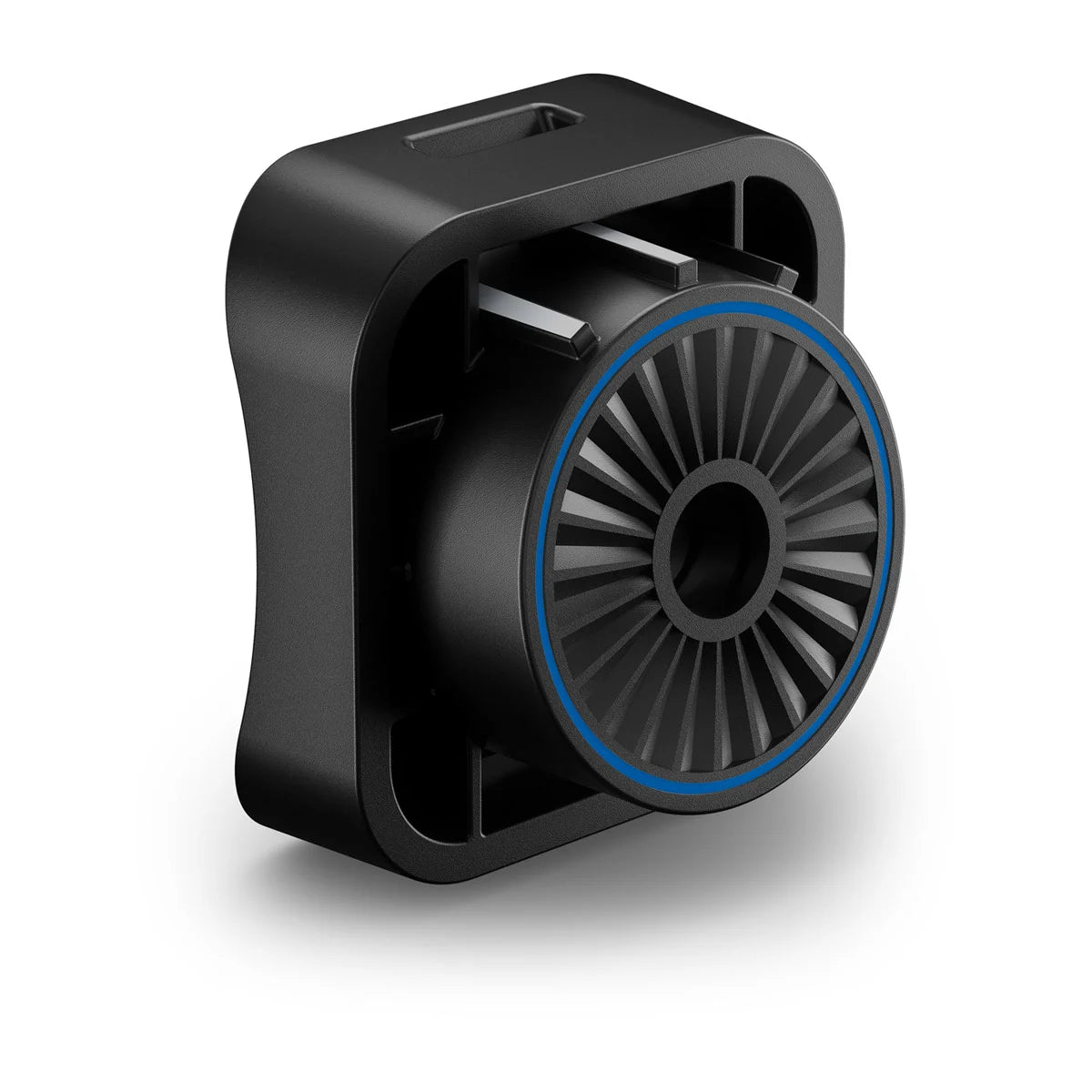 Black and gray compact mounting device with a circular fan-like design and blue trim, designed as the Trolling Motor Barrel Mount for the LiveScope™ 2 Transducer Series.