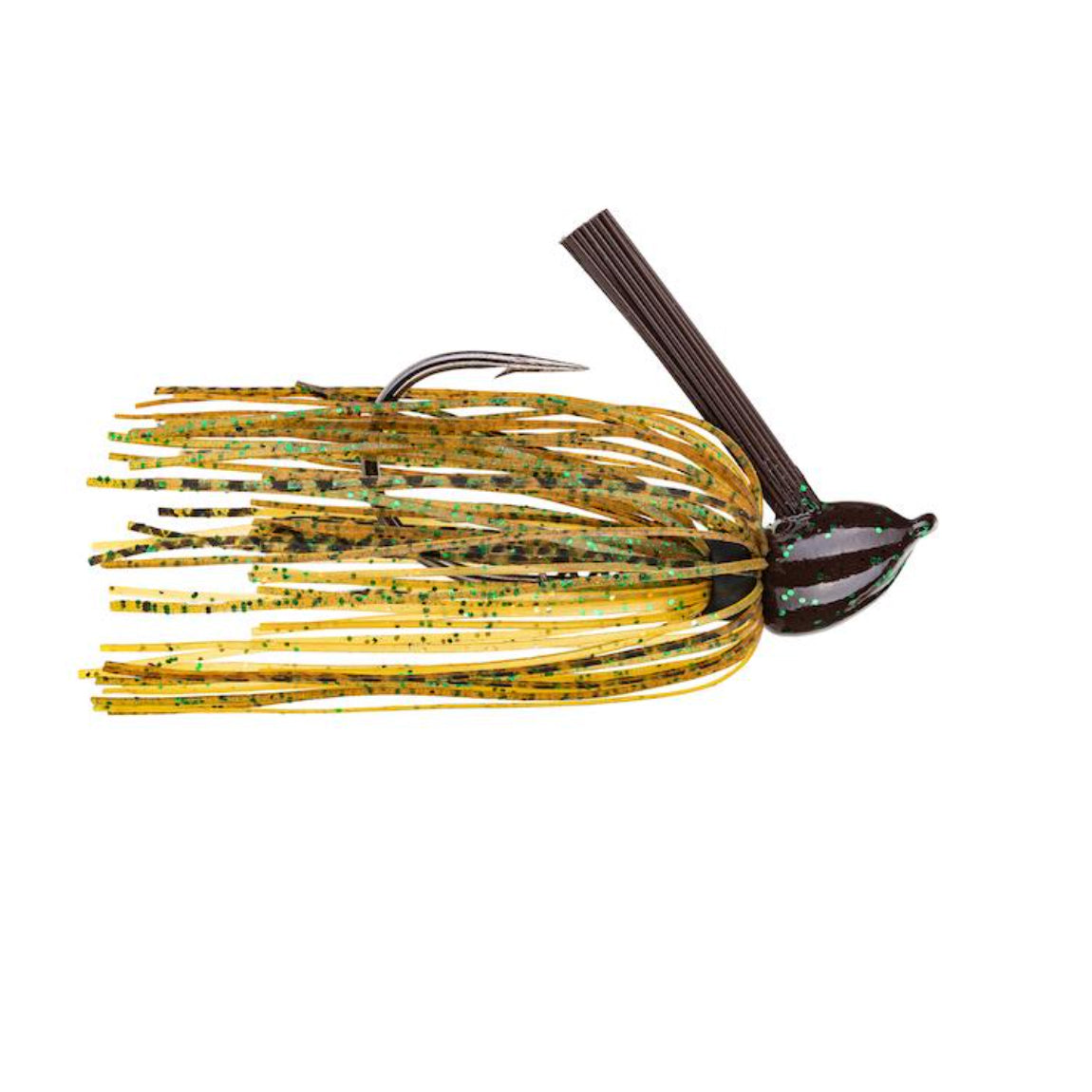 Close-up view of a Strike King Hack Attack Fluoro Flipping Jig fishing lure featuring a detailed yellow and brown speckled skirt with a sharp hook and a weed guard, designed for effective fishing tackle use.