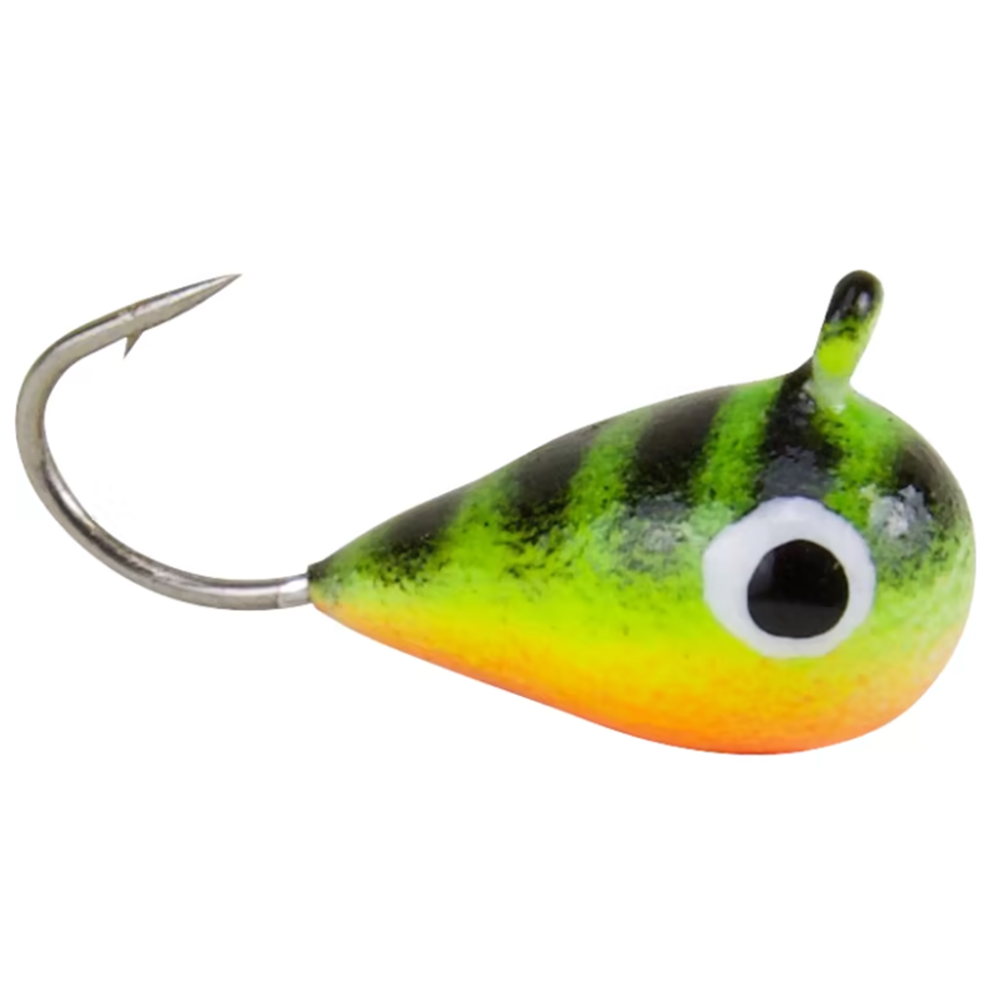 Clam Drop Jig fishing lure with a curved metal hook and a brightly colored, teardrop-shaped body featuring yellow, green, black stripes, and a large eye design.