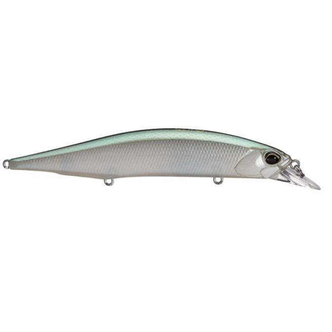 Side view of a sleek, silver and light green Duo Realis 110SP Jerkbait fishing lure with a translucent lip and detailed fish-scale texture designed for precise fishing tackle use.