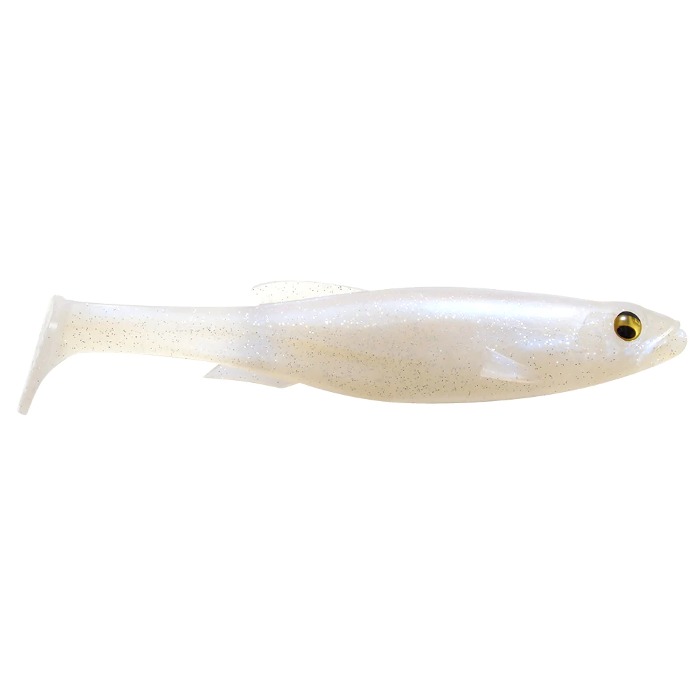 Megabass Magdraft 6" Freestyle soft fishing lure in pearl white with subtle glitter, designed to mimic a small baitfish for effective fishing tackle use.