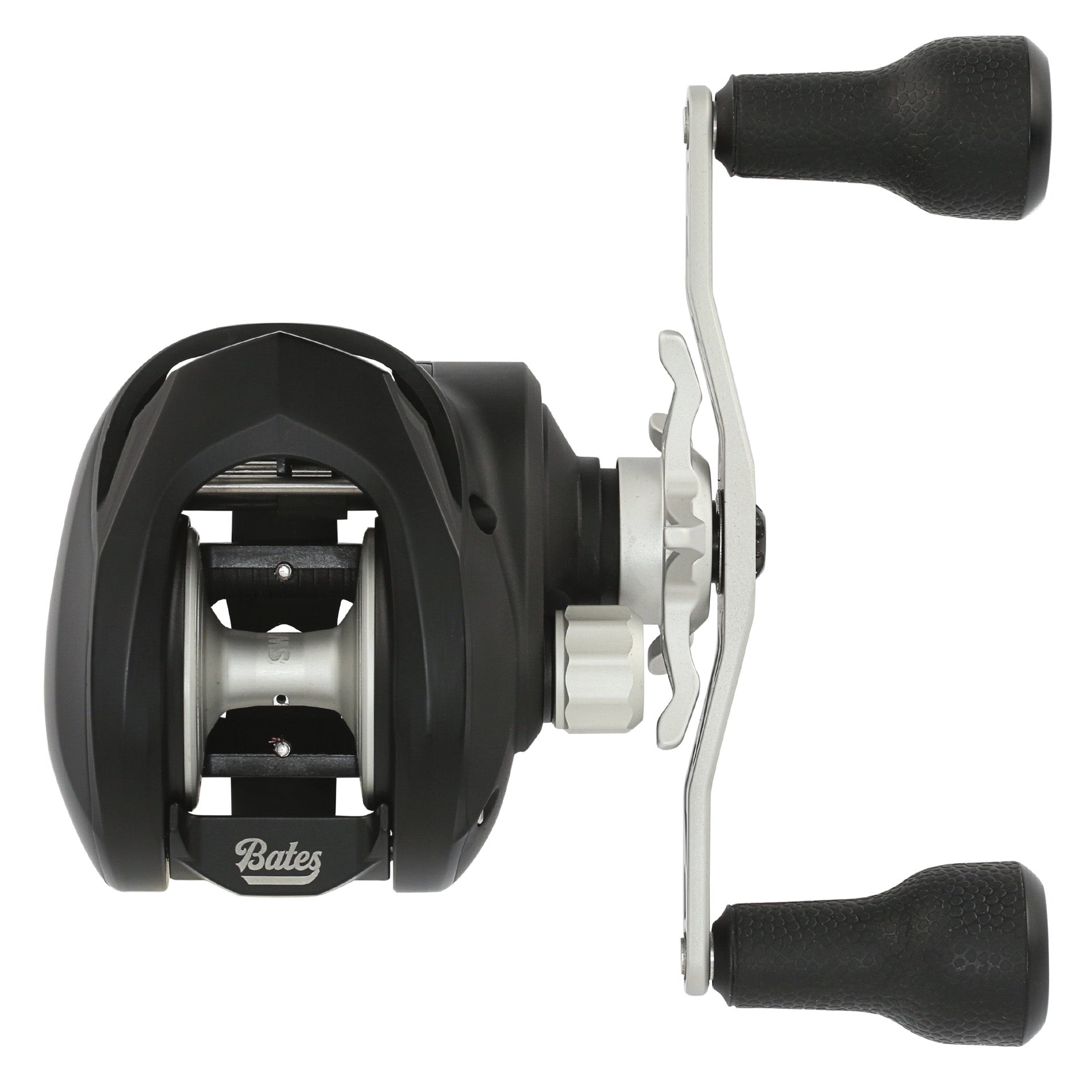 Bates Fishing Company G.O.A.T SWM Casting Reel in black with silver accents, featuring ergonomic dual handles and a durable spool for fishing tackle use.