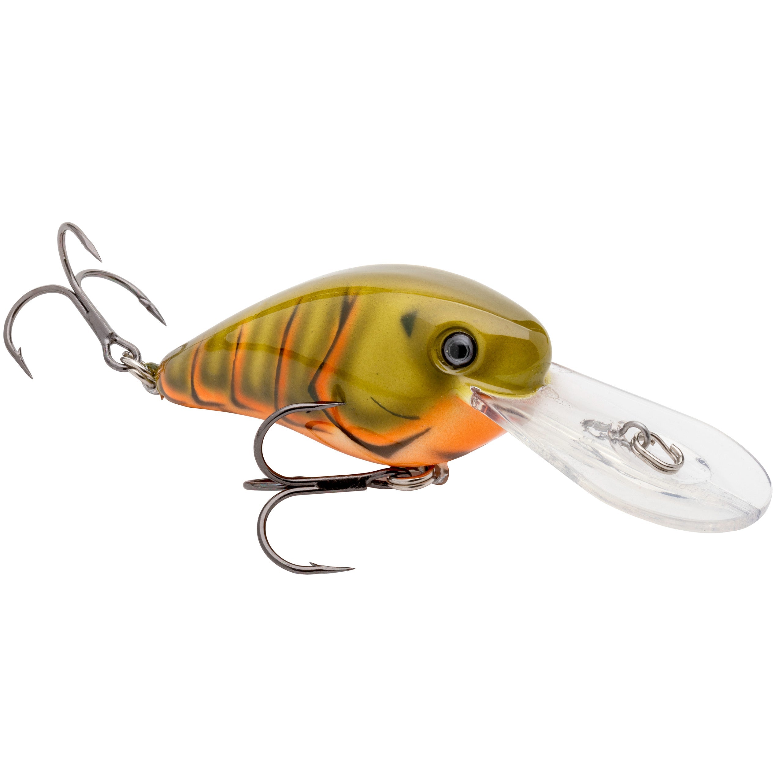 Strike King Gravel Dawg 10 Crankbait fishing lure in green, yellow, and orange with detailed black stripes, two sharp treble hooks, and a clear diving lip for realistic movement.