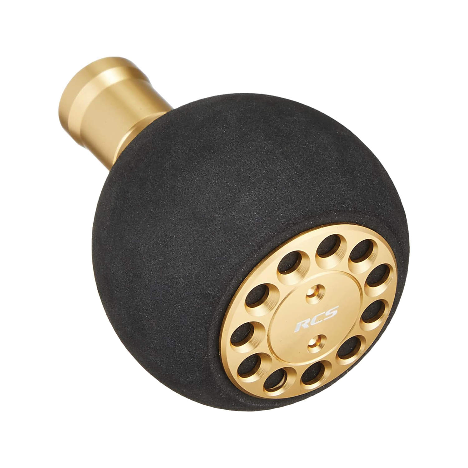 Daiwa SLP Works Power Light Knobs featuring a black ergonomic foam grip and gold metallic center with circular perforations, designed for fishing rods and reels for enhanced handling.