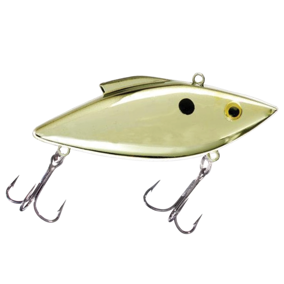 Bill Lewis Rat-L-Trap - Standard fishing lure in shiny gold finish with black eye and spot, featuring two sharp treble hooks for effective fishing tackle use.